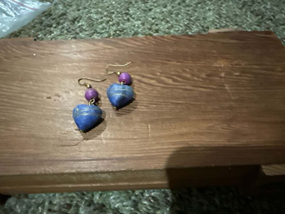 Vintage Handmade Wooden Puff Heart Shape Blue/Purple Drop Hook Earrings